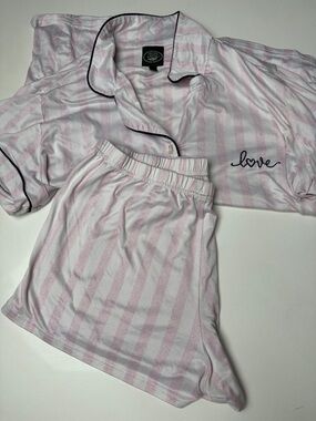 Laura Ashley Pink and White Striped Short Pajama Set with Black Piping